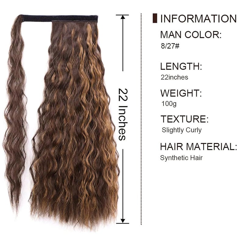 Stamped Glorious Long Corn Wave Ponytail Extension Magic Paste Heat Resistant Wavy Synthetic Wrap Around Ponytail Black Hairpiece for Women (22 Inch, 22 Inch-Highlight) - Image 3